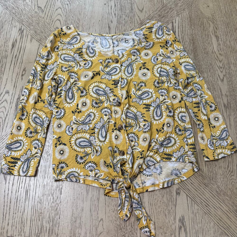 Loft Yellow‎ Floral Tie Front 3/4 Sleeve Top XS